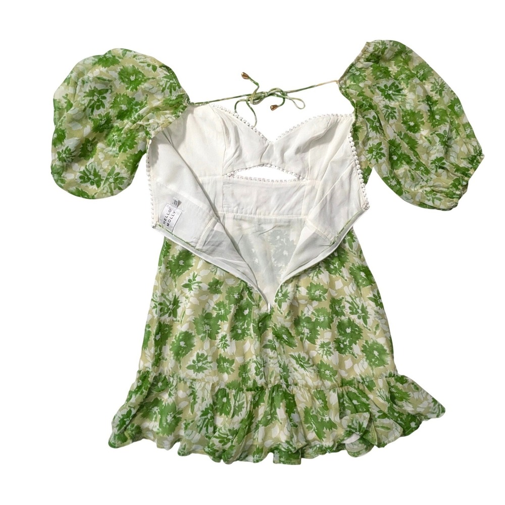 Hello Molly Drinking Games Dress Green Floral Puff Sleeve Mini Cutout Size 8 - Picture 4 of 13